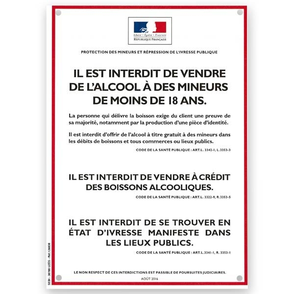 Plaque A4 en PVC "Réglementation vente alcool à emporter aux mineurs